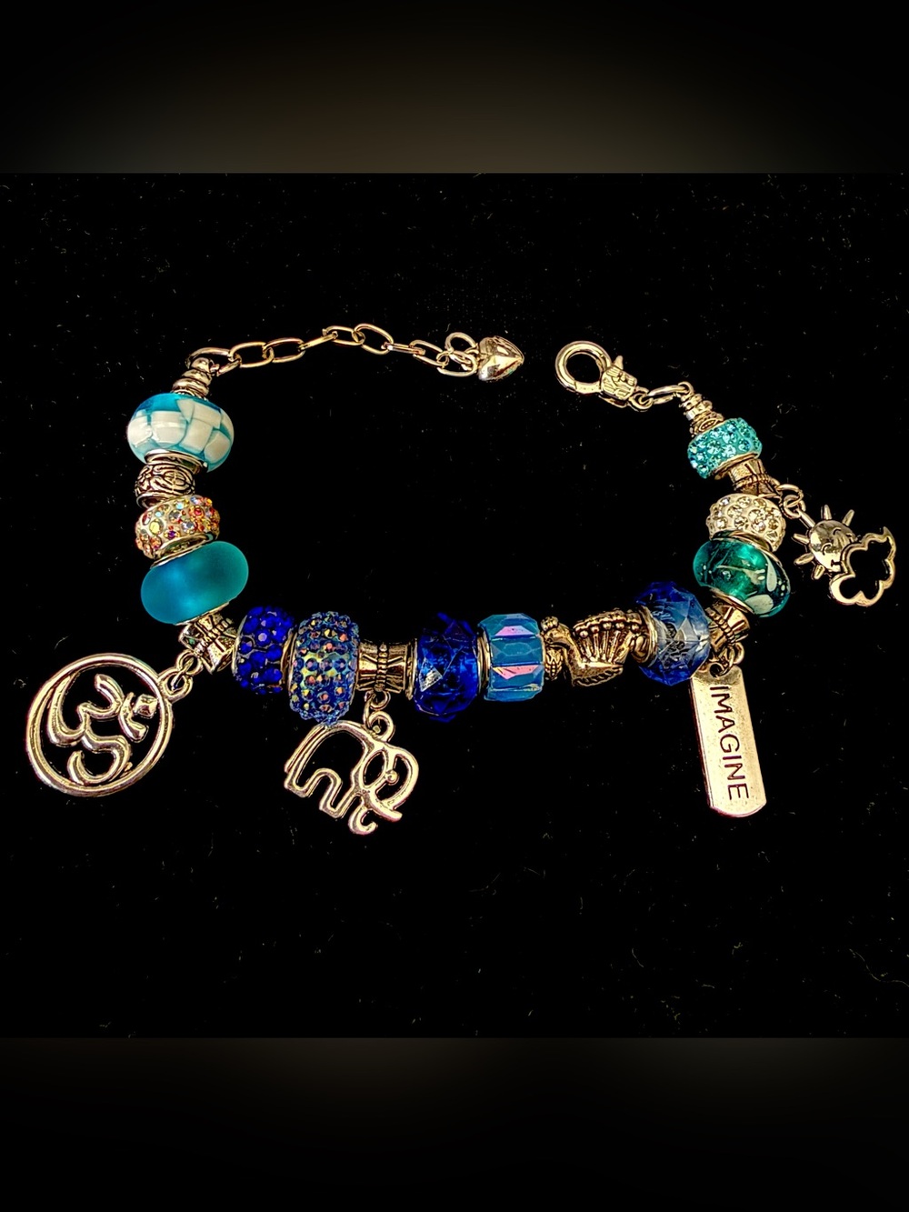 Blue Beaded Boho Inspired Bracelet with Imagine,Om, & Elephant Charms